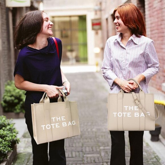 Women Pu-beige Personalized Canvas With Zipper Top-handle Crossbody Tote Handbag - Picture 2 of 6